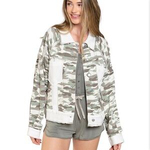 POL Light Green Camo Distressed Fringe Oversized Jean Jacket